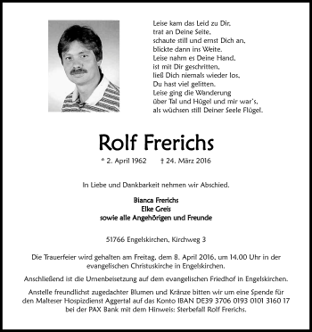Anzeige von Rolf Frerichs von Kölner Stadt-Anzeiger / Kölnische Rundschau / Express