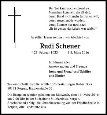 Anzeige von Rudi Scheuer von Kölner Stadt-Anzeiger / Kölnische Rundschau / Express