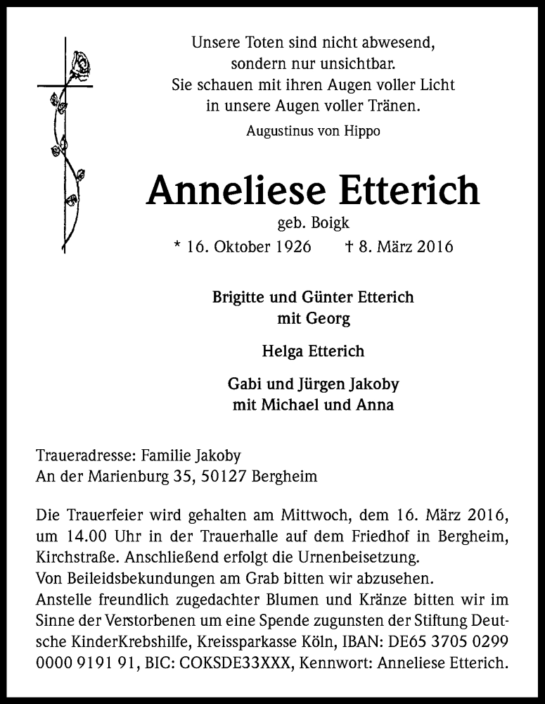  Traueranzeige für Anneliese Etterich vom 12.03.2016 aus Kölner Stadt-Anzeiger / Kölnische Rundschau / Express