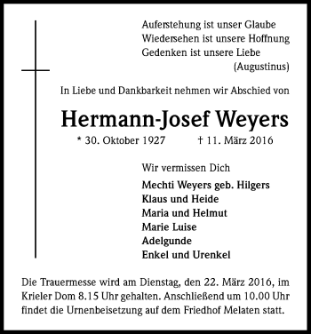 Anzeige von Hermann-Josef Weyers von Kölner Stadt-Anzeiger / Kölnische Rundschau / Express