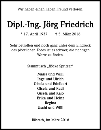 Anzeige von Jörg Friedrich von Kölner Stadt-Anzeiger / Kölnische Rundschau / Express