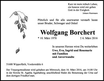 Anzeige von Wolfgang Borchert von Kölner Stadt-Anzeiger / Kölnische Rundschau / Express