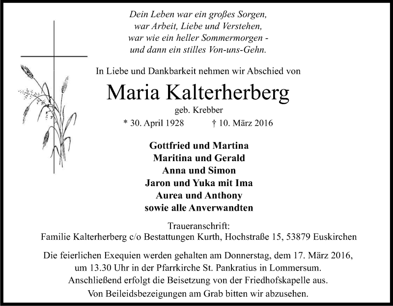  Traueranzeige für Maria Kalterherberg vom 14.03.2016 aus Kölner Stadt-Anzeiger / Kölnische Rundschau / Express