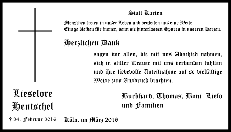  Traueranzeige für Lieselore Hentschel vom 23.03.2016 aus  Kölner Wochenspiegel 