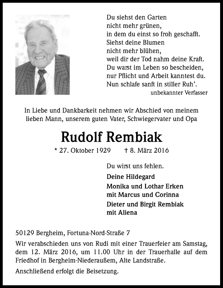  Traueranzeige für Rudolf Rembiak vom 10.03.2016 aus Kölner Stadt-Anzeiger / Kölnische Rundschau / Express