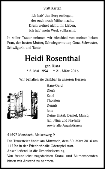 Anzeige von Heidi Rosenthal von Kölner Stadt-Anzeiger / Kölnische Rundschau / Express
