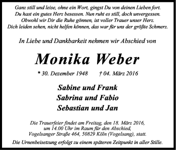 Anzeige von Monika Weber von Kölner Stadt-Anzeiger / Kölnische Rundschau / Express
