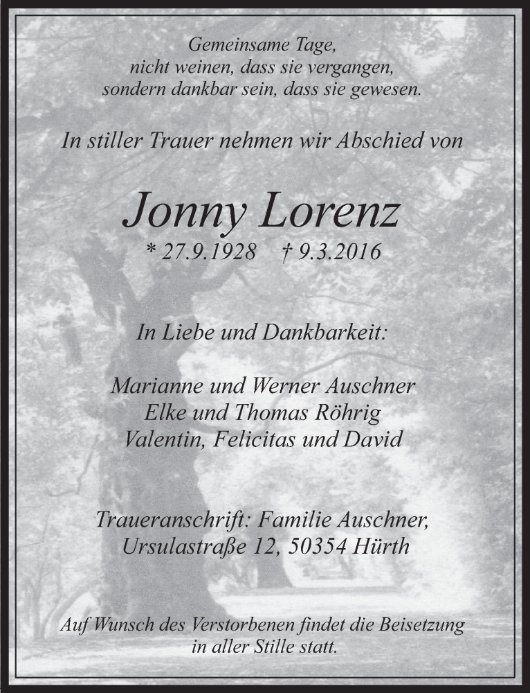 Traueranzeige für Jonny Lorenz vom 16.03.2016 aus  Wochenende 