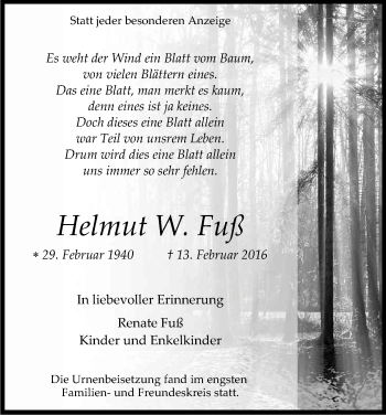 Anzeige von Helmut W. Fuß von Kölner Stadt-Anzeiger / Kölnische Rundschau / Express