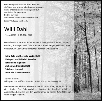 Anzeige von Willi Dahl von Kölner Stadt-Anzeiger / Kölnische Rundschau / Express