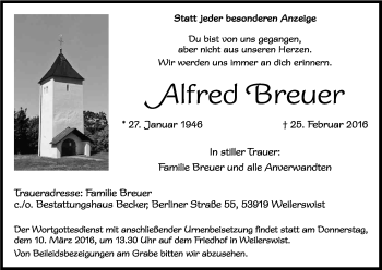Anzeige von Alfred Breuer von Kölner Stadt-Anzeiger / Kölnische Rundschau / Express