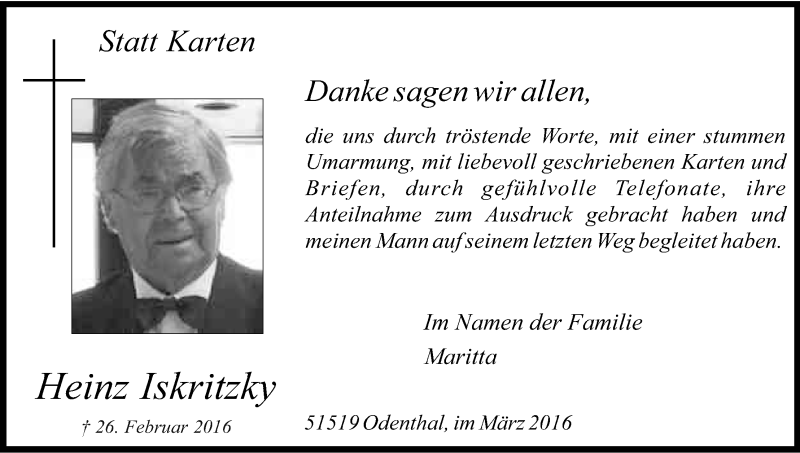  Traueranzeige für Heinz Iskritzky vom 26.03.2016 aus Kölner Stadt-Anzeiger / Kölnische Rundschau / Express