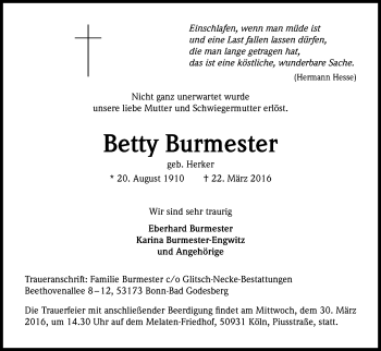 Anzeige von Betty Burmester von Kölner Stadt-Anzeiger / Kölnische Rundschau / Express