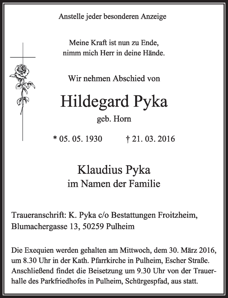  Traueranzeige für Hildegard Pyka vom 26.03.2016 aus  Sonntags-Post 