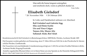 Anzeige von Elisabeth Gielsdorf von Kölner Stadt-Anzeiger / Kölnische Rundschau / Express