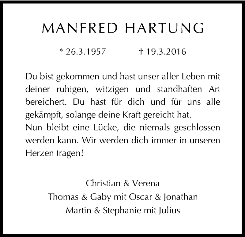  Traueranzeige für Manfred Hartung vom 23.03.2016 aus Kölner Stadt-Anzeiger / Kölnische Rundschau / Express