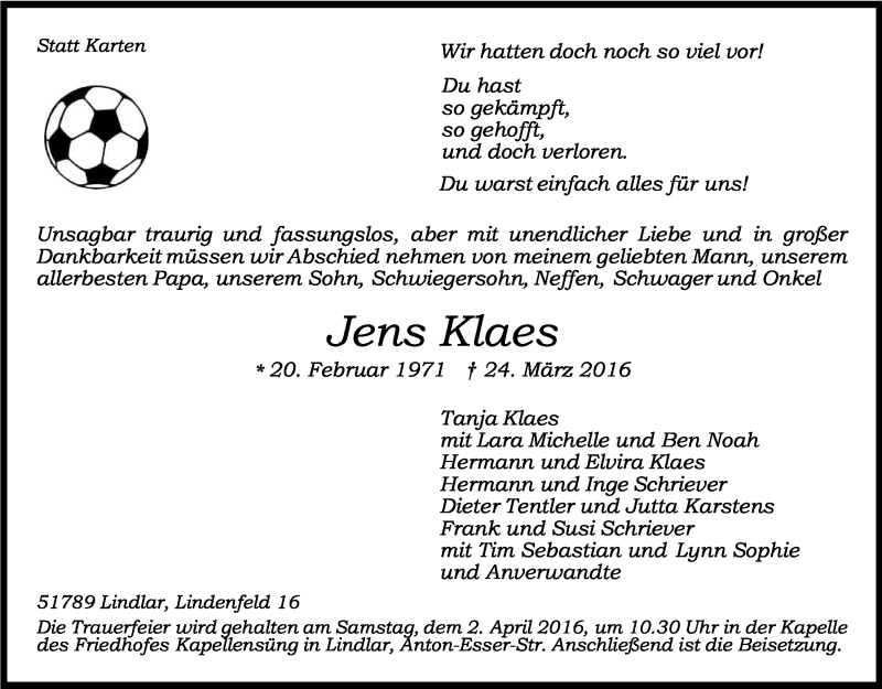  Traueranzeige für Jens Klaes vom 30.03.2016 aus Kölner Stadt-Anzeiger / Kölnische Rundschau / Express