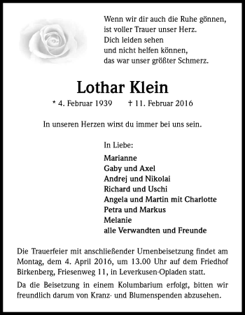 Anzeige von Lothar Klein von Kölner Stadt-Anzeiger / Kölnische Rundschau / Express