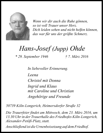 Anzeige von Hans-Josef  Ohde von Kölner Stadt-Anzeiger / Kölnische Rundschau / Express