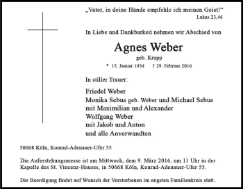 Anzeige von Agnes Weber von Kölner Stadt-Anzeiger / Kölnische Rundschau / Express