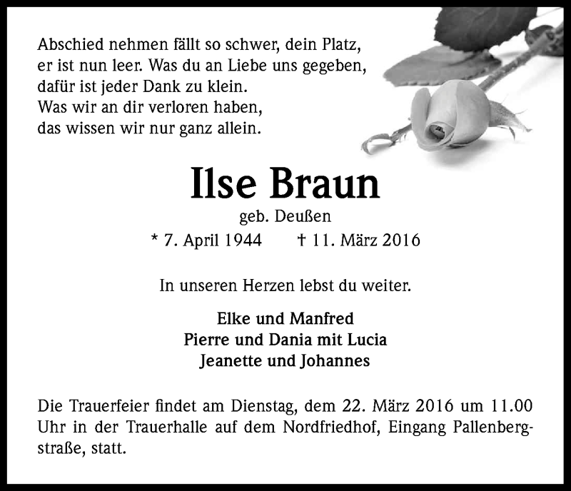  Traueranzeige für Ilse Braun vom 16.03.2016 aus Kölner Stadt-Anzeiger / Kölnische Rundschau / Express