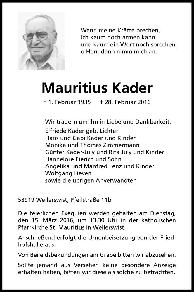  Traueranzeige für Mauritius Kader vom 09.03.2016 aus Kölner Stadt-Anzeiger / Kölnische Rundschau / Express