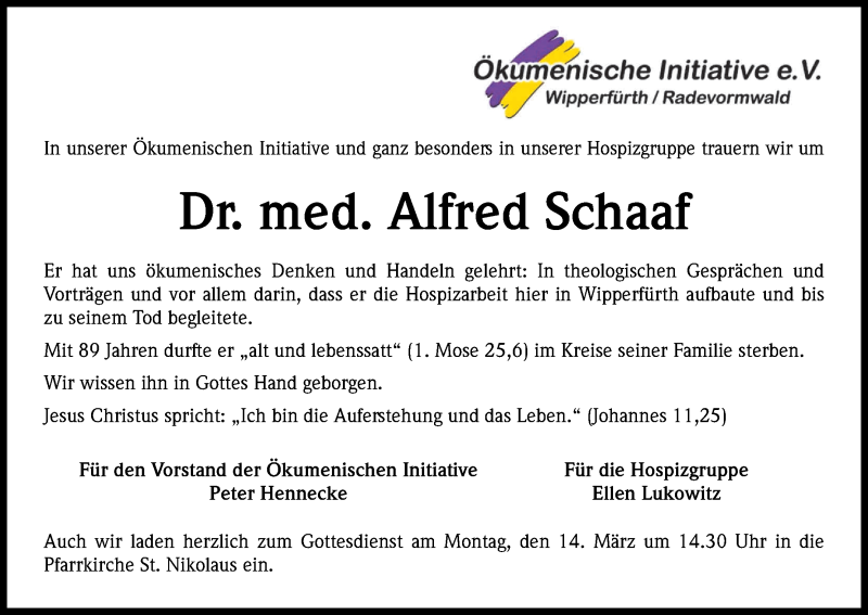  Traueranzeige für Alfred Schaaf vom 12.03.2016 aus Kölner Stadt-Anzeiger / Kölnische Rundschau / Express