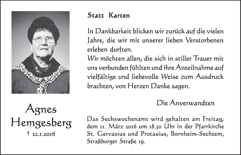  Traueranzeige für Agnes Hemgesberg vom 09.03.2016 aus  Schlossbote/Werbekurier 