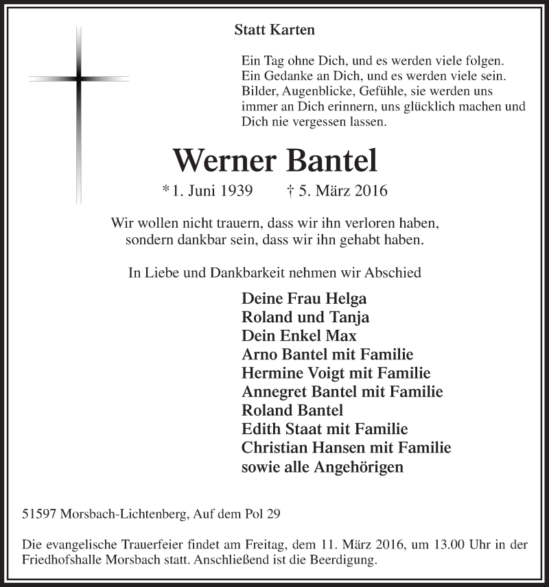  Traueranzeige für Werner Bantel vom 09.03.2016 aus  Lokalanzeiger 