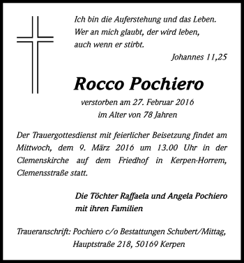 Anzeige von Rocco Pochier von Kölner Stadt-Anzeiger / Kölnische Rundschau / Express