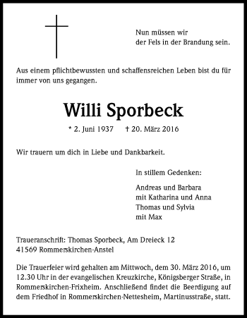 Anzeige von Willi Sporbeck von Kölner Stadt-Anzeiger / Kölnische Rundschau / Express