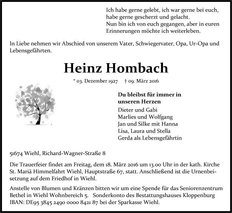  Traueranzeige für Heinz Hombach vom 12.03.2016 aus Kölner Stadt-Anzeiger / Kölnische Rundschau / Express