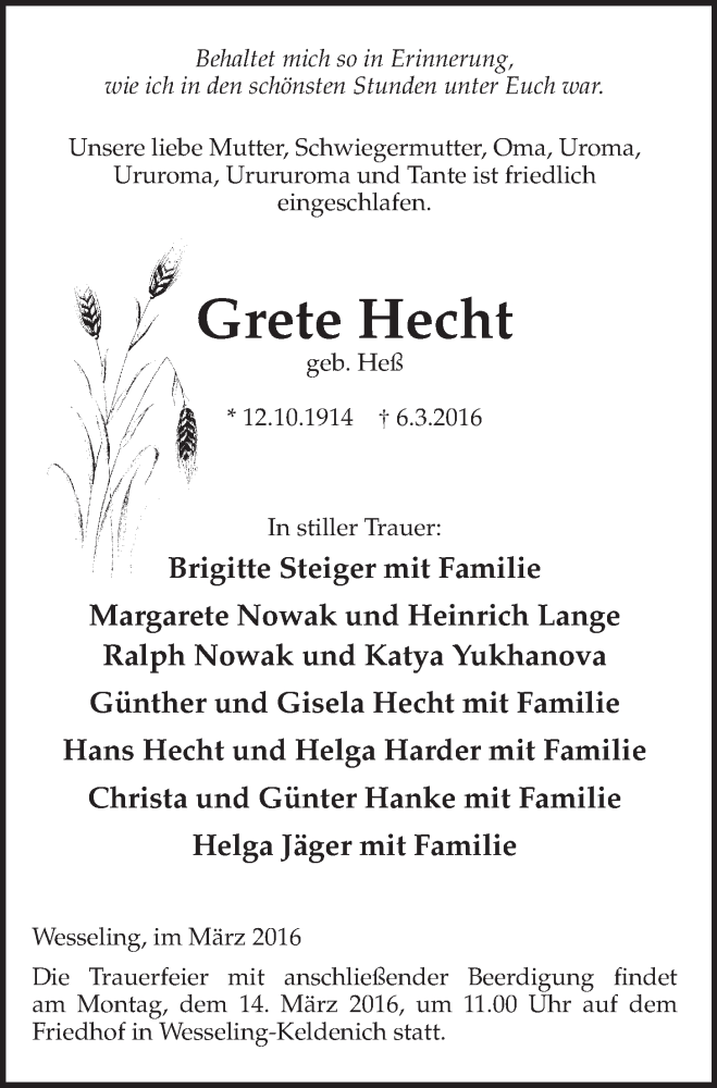  Traueranzeige für Grete Hecht vom 09.03.2016 aus  Schlossbote/Werbekurier 