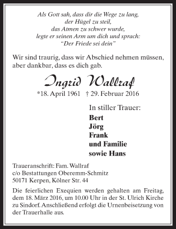 Anzeige von Ingrid Wallraf von  Werbepost 