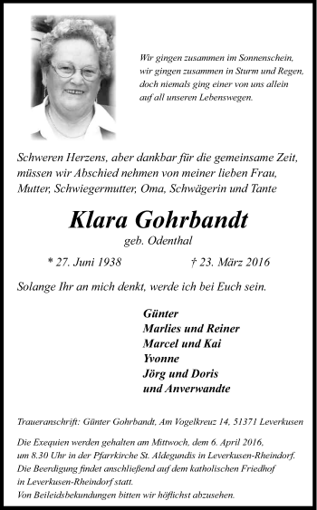 Anzeige von Klara Gohrbandt von Kölner Stadt-Anzeiger / Kölnische Rundschau / Express