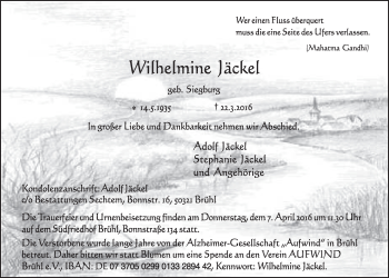 Anzeige von Wilhelmine Jäckel von  Schlossbote/Werbekurier 