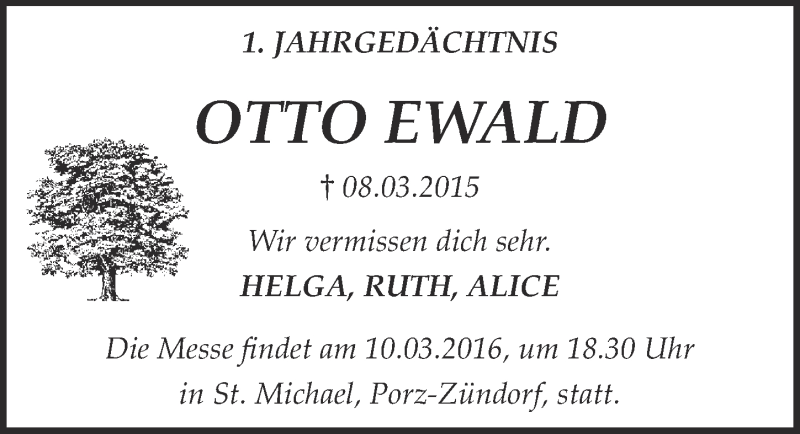  Traueranzeige für Otto Ewald vom 09.03.2016 aus  Kölner Wochenspiegel 