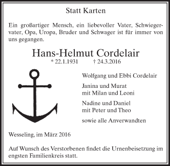 Anzeige von Hans-Helmut Cordelair von  Schlossbote/Werbekurier 