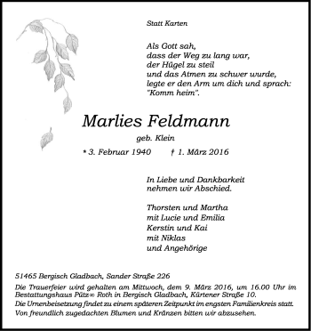 Anzeige von Marlies Feldmann von Kölner Stadt-Anzeiger / Kölnische Rundschau / Express