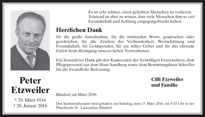  Traueranzeige für Peter Etzweiler vom 09.03.2016 aus  Werbepost 