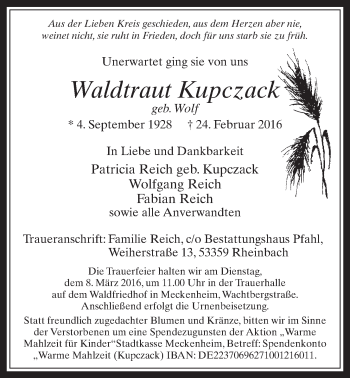 Anzeige von Waldtraut Kupczack von  Schaufenster/Blickpunkt 