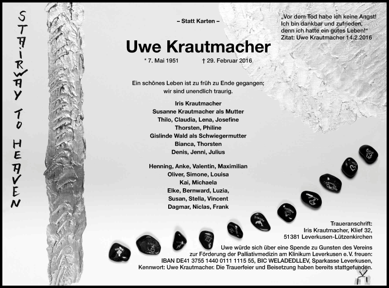  Traueranzeige für Uwe Krautmacher vom 05.03.2016 aus Kölner Stadt-Anzeiger / Kölnische Rundschau / Express