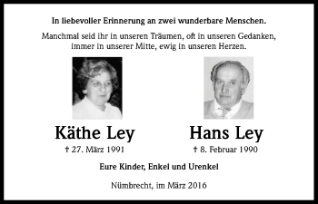 Anzeige von Käthe und Hans Ley von Kölner Stadt-Anzeiger / Kölnische Rundschau / Express