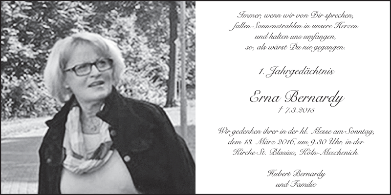  Traueranzeige für Erna Bernardy vom 09.03.2016 aus  Schlossbote/Werbekurier 