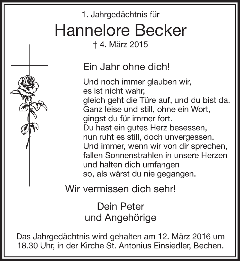  Traueranzeige für Hannelore Becker vom 02.03.2016 aus  Bergisches Handelsblatt 
