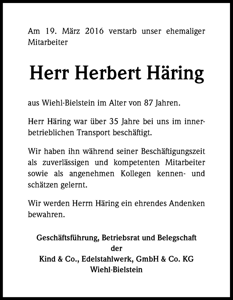  Traueranzeige für Herbert Häring vom 23.03.2016 aus Kölner Stadt-Anzeiger / Kölnische Rundschau / Express