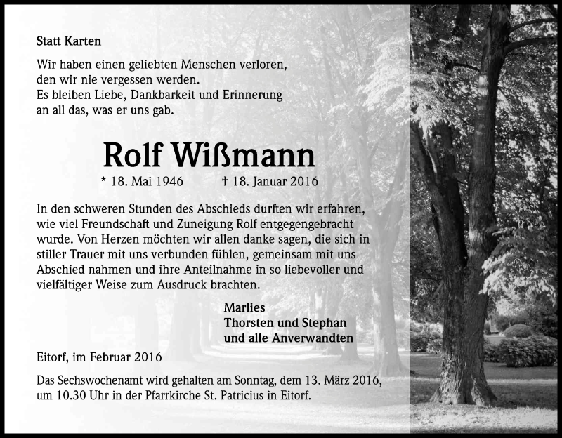  Traueranzeige für Rolf Wißmann vom 05.03.2016 aus Kölner Stadt-Anzeiger / Kölnische Rundschau / Express
