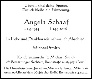 Anzeige von Angela Schaaf von Kölner Stadt-Anzeiger / Kölnische Rundschau / Express