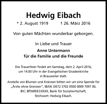 Anzeige von Hedwig Eibach von Kölner Stadt-Anzeiger / Kölnische Rundschau / Express