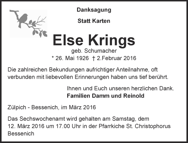  Traueranzeige für Else Krings vom 06.03.2016 aus  Blickpunkt Euskirchen 